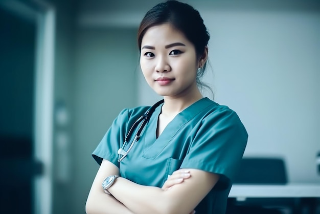 Portret azjatyckiej lekarki ze stetoskopem w szpitalu Generative AI