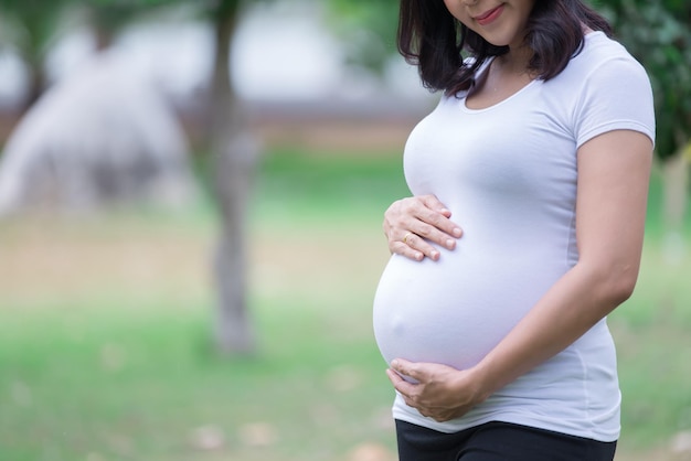 Portret azjatyckiej Piękna kobieta w ciąży w parkuTajlandczycyKoncepcja szczęśliwej kobietyJej ręka dotyka jej brzuchaKoncepcja dnia matki
