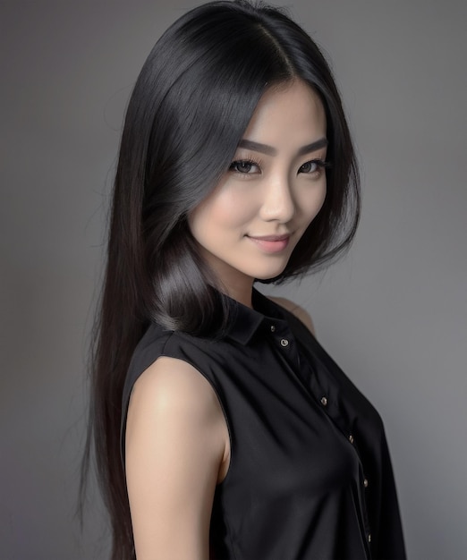 Portret azjatyckiej pięknej laski w czarnej bluzie