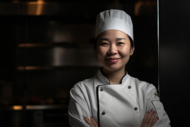 Portret azjatyckiej szefowej kuchni pracującej w profesjonalnej kuchni generatywnej ai