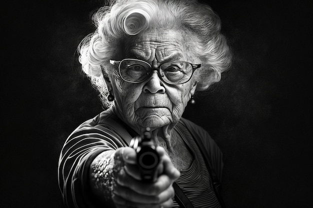 Portret babci z pistoletem i siwymi włosami Generatywne ai