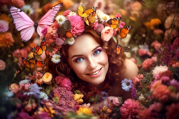 Portret bajecznie pięknej kobiety kwiatowej wróżki relaksującej się w kolorowym kwietniku Generacyjna sztuczna inteligencja