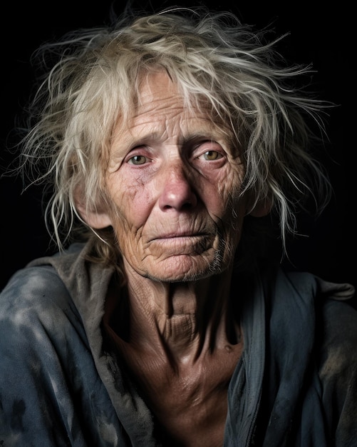 Portret bezdomnej starej kobiety z zmarszczoną twarzą na czarnym tle