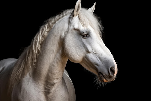 Portret białego konia na czarnym tle