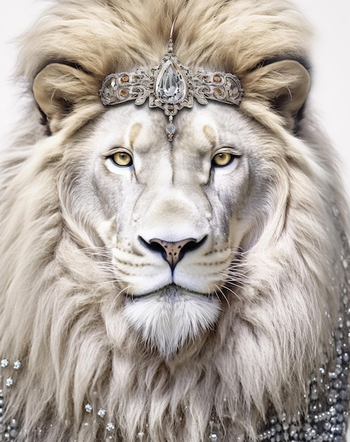 Portret białego lwa w srebrnej koronie.