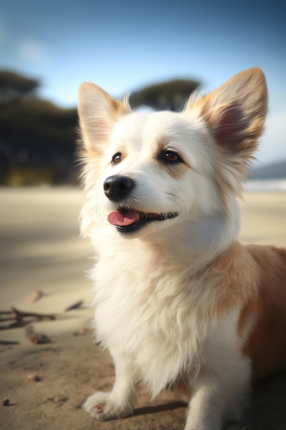 Portret białego uroczego psa na plaży stworzony przy użyciu technologii generatywnej ai