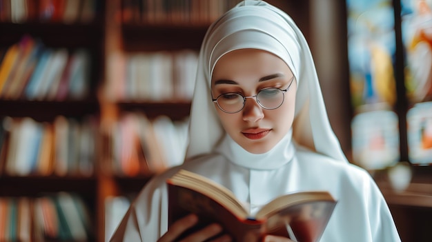 Portret białej zakonnicy czytającej książkę biblijną w bibliotece