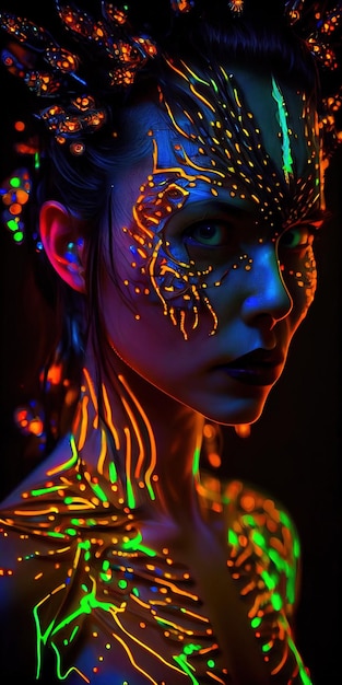 Portret bioluminescencyjnej kobiety neonowej mistycznej fantazji Glamorous fashion lady