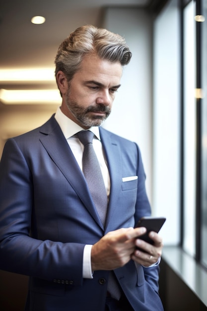 Portret biznesmena korzystającego z telefonu komórkowego w biurze stworzony za pomocą generatywnej sztucznej inteligencji