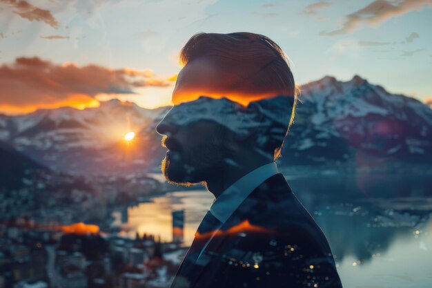 Zdjęcie portret biznesmena z potrójną ekspozycją w połączeniu z pięknym górskim krajobrazem przy zachodzie słońca