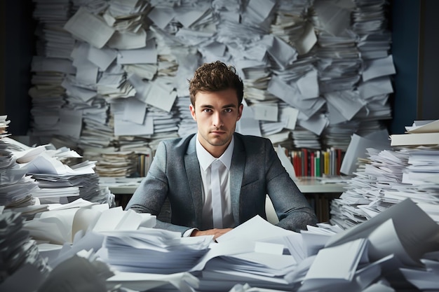 Portret biznesmena z stosem papierów w biurze.