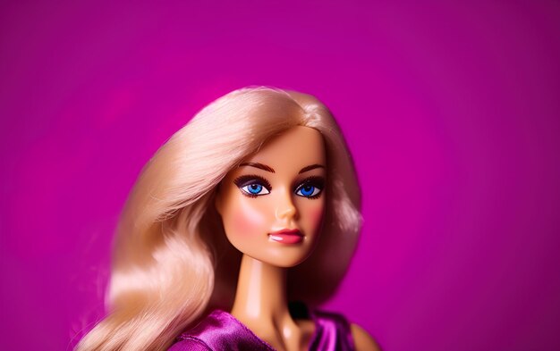 Portret blondynki Barbie na ciemno różowym tle AI Tło