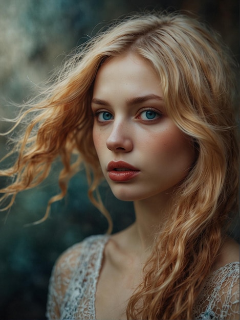 Portret blondynki z czerwoną szminką i modnym makijażem