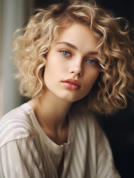 portret blondynki z kręconymi włosami