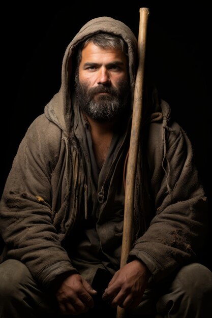 Zdjęcie portret brodatego mężczyzny w brązowej szlafroku z laską w ręku