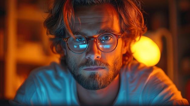 Portret brodatego mężczyzny w okularach w domu w ciemności