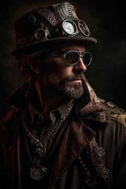 Portret brodatego mężczyzny w stylu steampunk dorosłości na czarnym tle Generative AI