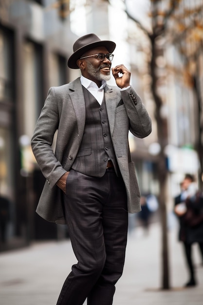 Portret brodatego, przystojniaka, odnoszącego sukcesy afroamerykańskiego biznesmena idącego ulicą