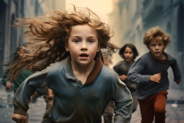 Zdjęcie portret brudnych biegających dzieci na ulicy na zewnątrz generatywna sztuczna inteligencja