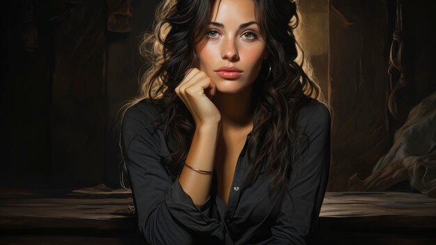 Zdjęcie portret brunetki stojącej z ręką na tle obraz desktop wallpaper backgrounds hd