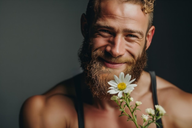 Portret Brutalnego, Brodatego, Ale Uśmiechniętego, Uroczego Mężczyzny Trzymającego W Ręku Mały, Piękny Kwiatek