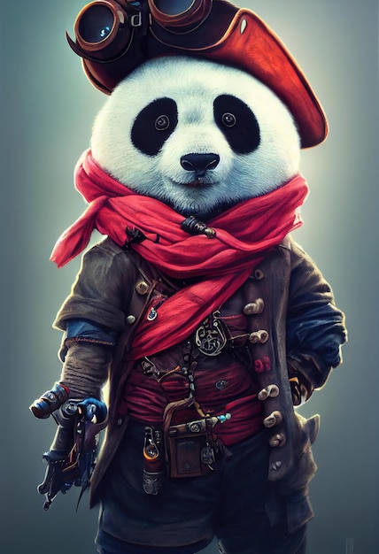 Portret brutalnego pirata panda Średniowieczna panda pirata w kostiumie vintage