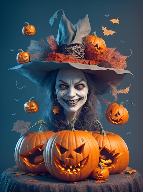 Portret brzydkiej czarownicy Halloween z dyniami halloween Generacyjna sztuczna inteligencja