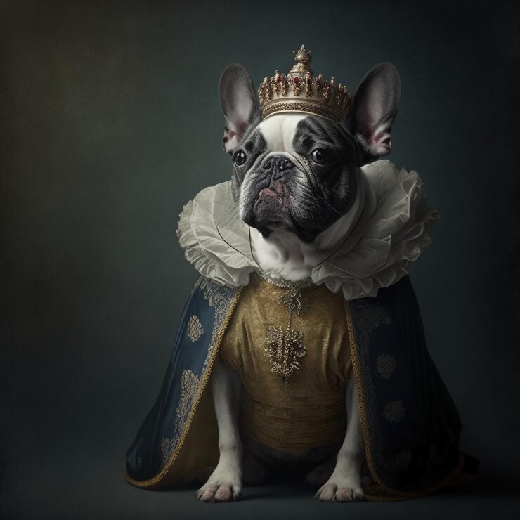 Portret buldoga francuskiego w stroju królewskim.