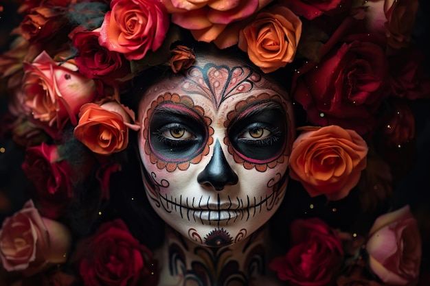 Portret Calavery Catriny z bliska Młoda kobieta z makijażem czaszki cukrowej Dzień umarłych