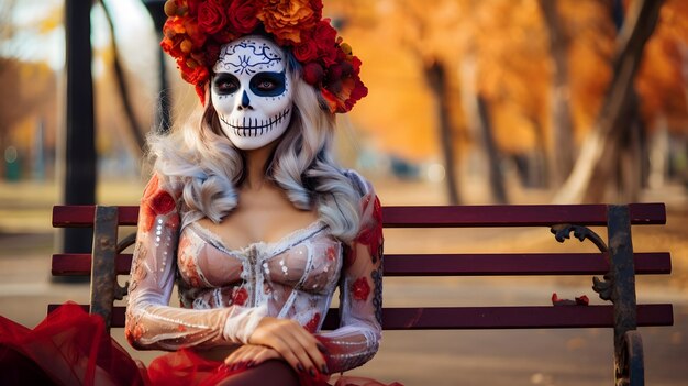 Zdjęcie portret calavery catriny z makijażem czaszki cukrowej w halloween dia de los muertos day of the dead