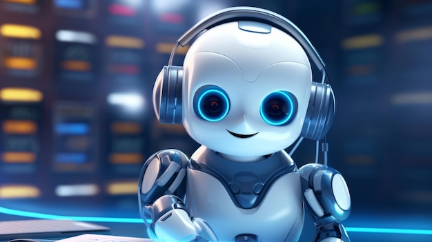 Portret chatbota lub przyjaznego robota ze sztuczną inteligencją ze słuchawkami