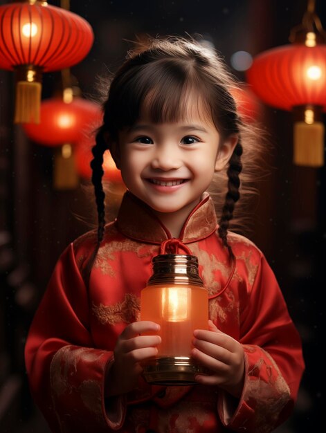 Zdjęcie portret chińskiego dziecka z czerwoną latarnią w rękach