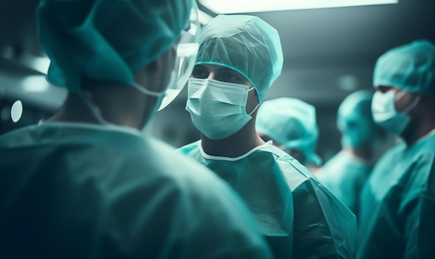 Portret chirurga w masce medycznej w szpitalu stworzony za pomocą AI generatywnej