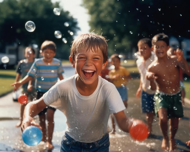 Zdjęcie portret chłopca bawiącego się balonami