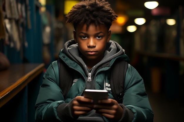 portret chłopca o czarnej skórze ze smartfonem
