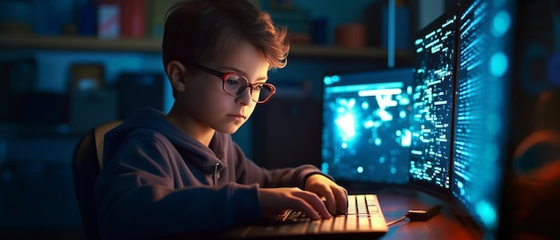 Portret chłopca uczącego się kodowania z miękkim, niewyraźnym przyjacielem w laboratorium komputerowym