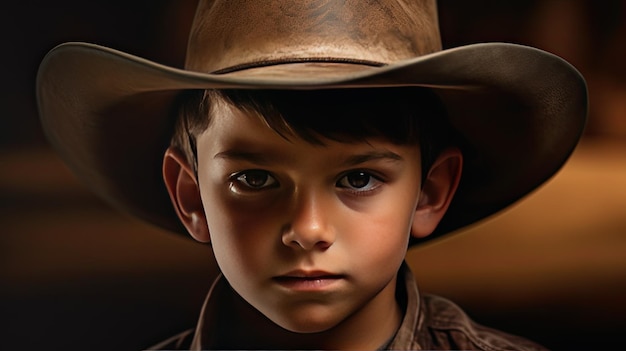 Portret chłopca w kowbojskim kapeluszu wybiórczo skupiającego się na pustym obszarze