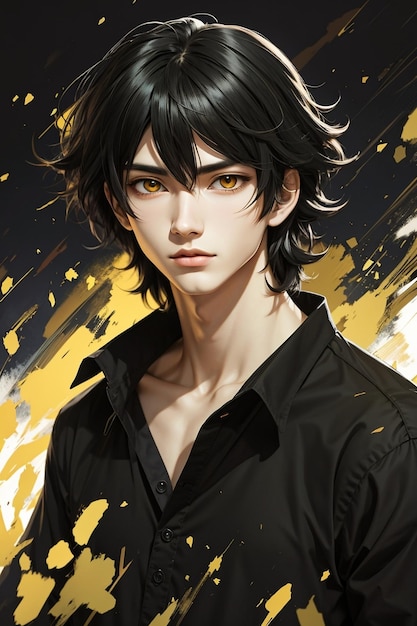 Portret chłopca z czarnymi włosami i żółtym tłem.