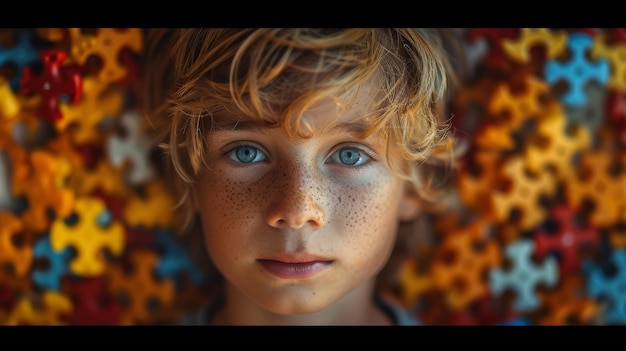 Portret chłopca z pieśniami na twarzy patrzącego w kamerę