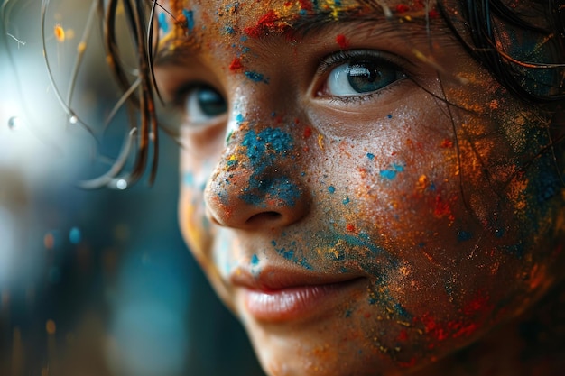 Portret chłopca z twarzą pokrytą kolorami Holi Koncepcja festiwalu Holi