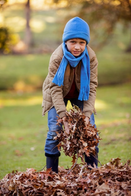 Portret chłopiec mienia susi liście przy parkiem podczas jesieni