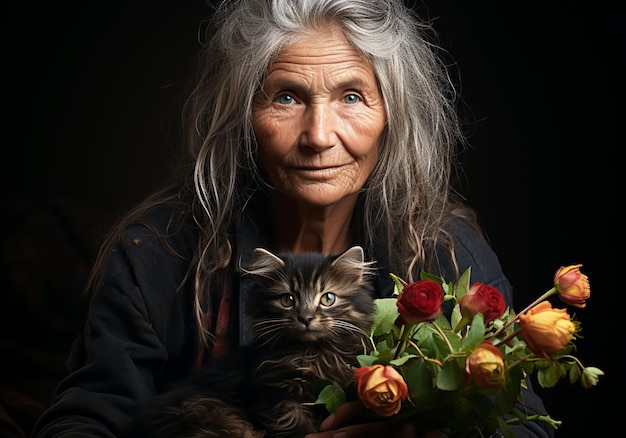 Zdjęcie portret chwili uczucia między starszą kobietą a jej kotem opieka i uwaga