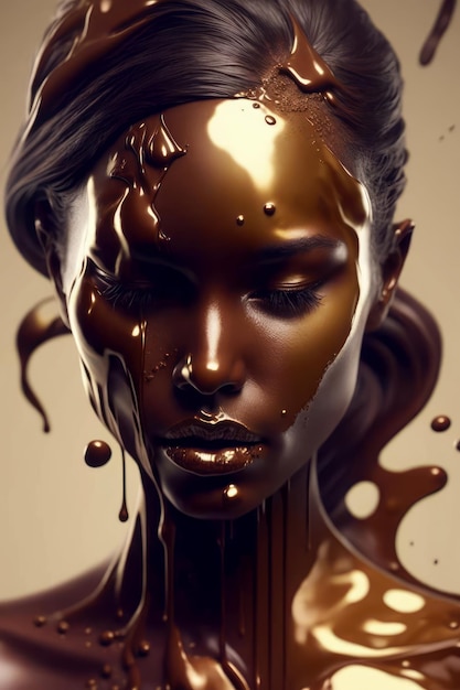 Portret ciemnoskórej kobiety z rozpuszczoną czekoladą na twarzy. Generatywna sztuczna inteligencja
