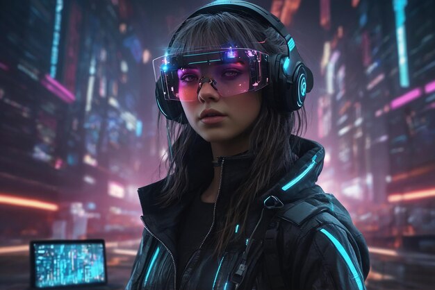 Portret cyberpunk dziewczyny w zestawie VR w okularach wirtualnej rzeczywistości wirtualne krajobrazy