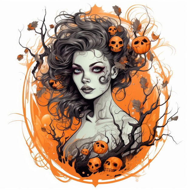 Portret czarownicy ilustracja Halloween przerażający horror projekt tatuaż wektor izolowany naklejka fantazja