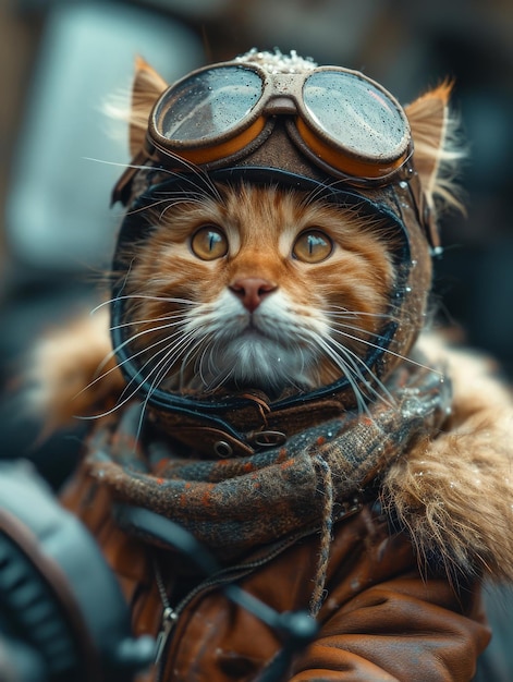 Portret czerwonego kota w kasku pilota i okularach Zwierzęta domowe motocyklista