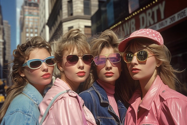Portret czterech modnych dziewcząt w stylowych ubraniach na ulicy w mieście latem Vintage retro kolorowy film fotograficzny z lat osiemdziesiątych