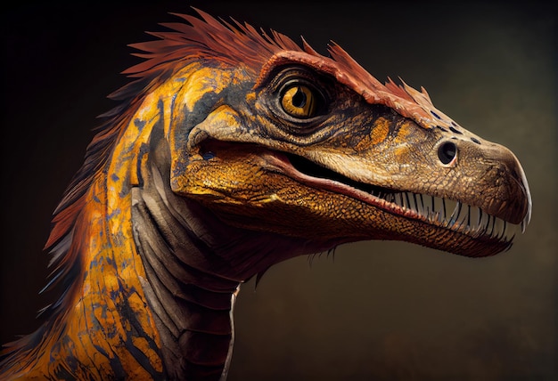 Portret dinozaura velociraptor z ciemnym tłem