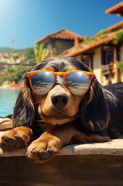Portret długowłosego dachshunda w okularach przeciwsłonecznych na tle domu