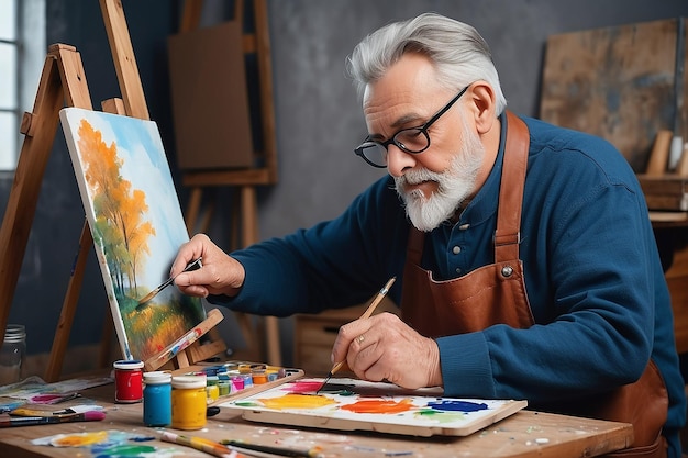 Portret dojrzałego artysty maluje hobby i kreatywność